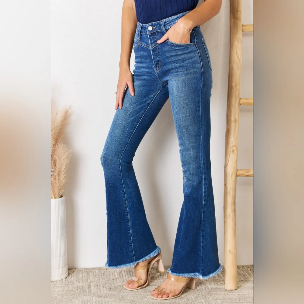 Kancan High Rise Raw Hem Flare Jeans - Picture 7 of 10